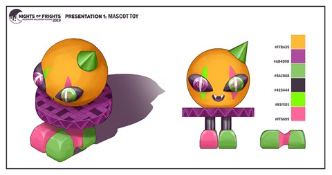 Presentation board showing 3D design for the mascot toy for the 'Nights of Frights' event. The toy is yellow, purple, pink and green