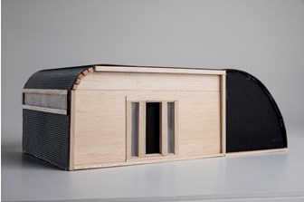 3D model of the modular housing structure. Model is made from wood, card and transparent paper
