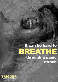 Poster shows black and white image of a boy under water, with mouth open. Main text reads 'It can be hard to breathe through a panic attack'