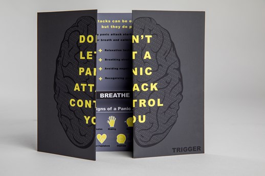 Promotional leaflet is half open, showing the word 'breathe' inside. The front cover when closed shows a drawing of a set of lungs and reads 'Don't let a panic attack control you'