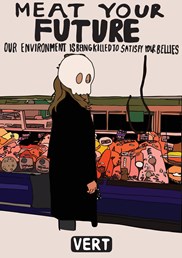 Poster advertising a brand depicting a woman wearing a skull mask at the deli with the slogan 'our environment is being killed to satisfy our bellies'