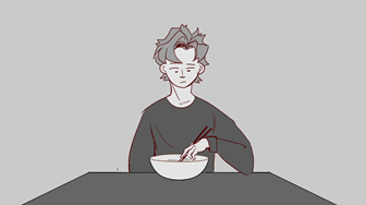 Still from an animation of a manga style teen boy eating ramen in black and white