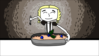 An animted Goldilocks happily eating a large bowl of porridge with berries