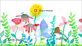 Illustration of flowers and animals featuring an animation's credits