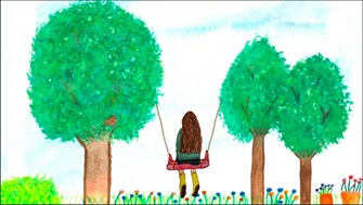 Illustration of a girl sitting on a swing between two trees