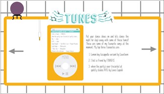 Webpage with the heading Tunes in blue font above a large drawing of an ipod