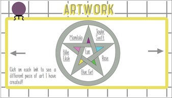 Webpage with the heading Artworks above a pentacle inside which are links to artworks