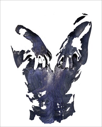 An image of a person's back. They are reaching up over their shoulders to angstily grab their back. Large areas of the image have been edited out, leaving shapes that make the photograph appear more like brushstrokes on a painting. The image is dark blue against a white background.