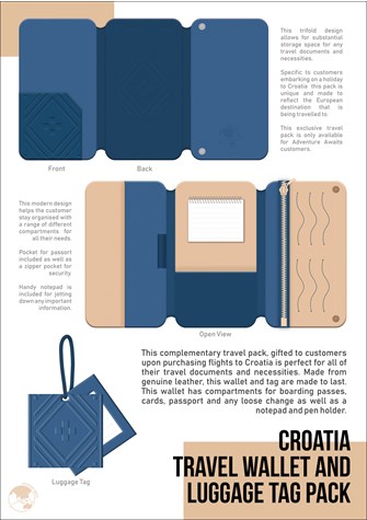 Poster shows branding for a blue travel wallet and luggage tag. Main text reads 'Croatia travel wallet and luggage tag pack'