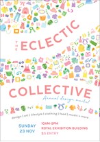 Poster design for 'The Eclectic Collective, the annual design market'. Pink text on white background with many small and colourful illustrations of a variety of objects such as clothes, food and plants.