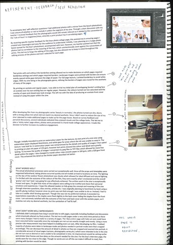 A page from a student design folio that shows the refinement and self-reflection of the work. This image has text and two photographs one of a girl and one of a screen shot of a design work with hand written annotations 