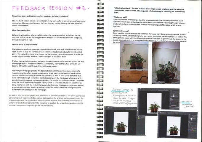 A double page from a spiral bound student design folio that shows typed notes about the feedback on the work, The right hand page has five pot plants that have been photographed in differing light and made into a digital image that has been manipulated to remove the background. 
