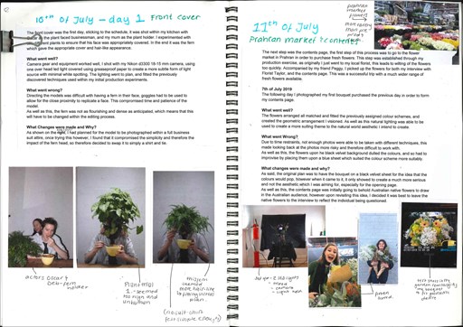 A double paged spiral bound student design folio that shows typed text that reflect on the process of taking photo shoot, each page has small thumbnail photographs that show places in Melbourne, women and flowers and plants
