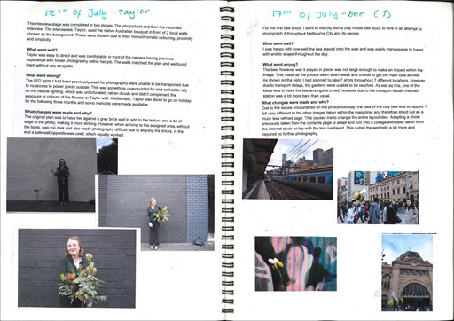  A double paged spiral bound student design folio that shows typed text that reflect on the process of taking photo shoot, each page has small thumbnail photographs that show places in Melbourne, women and flowers and plants