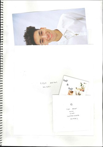A page from a student design folio that has a white paper pocket with a text print of an image of a young man in a white shirt and a small version of the final magazine cover 