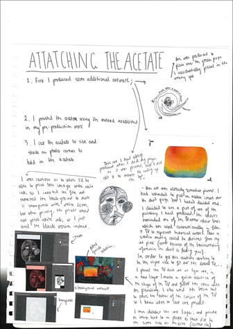 A page from a student design folio that shows handwritten annotations and sketch drawings of the process of a multiple layered image using acetate. The image explored the students thought process with notes