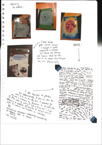 A page from a student design folio that shows photographs and handwritten annotations and sketch drawings of the process of a multiple layered image using acetate in a sketchbook. The image explores the students thought process with notes