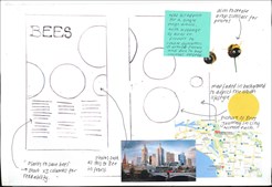 A double page from a spiral bound student design folio that shows layouts of a magazine hand drawn with annotations and with collage of images, including a map of Melbourne, picture frames, fuzzy cartoon bees and pansy flowers