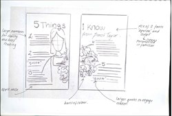 A page from a student design folio showing a hand drawn lay out for media print