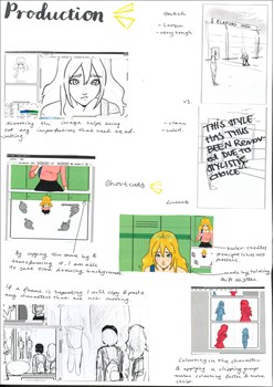 A page from a student design folio that shows multiple hand drawn cartoon images that resemble a story board that has hand written annotation. The story board shows a girl in various scenarios in a school environment