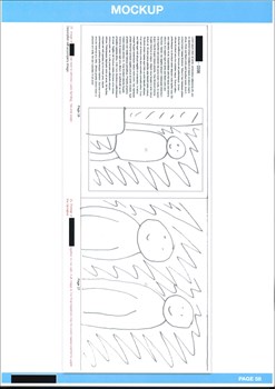 A page from a student design folio that shows a mockup of the layout of the work from left to right with block of text to the left and two images that form a horizonal composition 