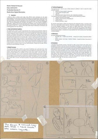 A page from a student design folio that shows the written components of the criteria that have been typed and a layout for a story board of hand drawn cartoon images in grey led pencil