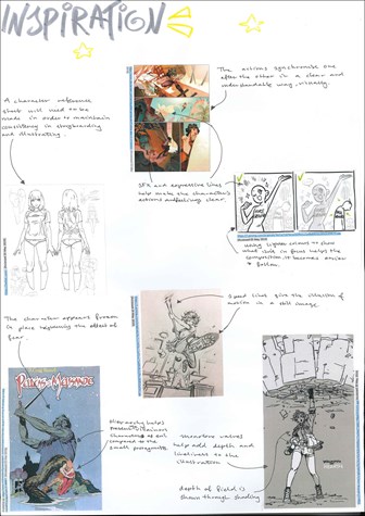 A page from a student design folio that shows six cartoon images that the student has chosen and stuck on the page with annotated notes about the inspiration   
