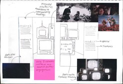  A double page from a spiral bound student design folio that shows layouts of a magazine hand drawn with annotations and with collage of images, including black and white movie scene, the wizard of Oz cast, Tv Screens