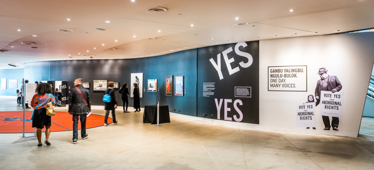 Launch of the Ganbu Yalingbu Ngulu-Bulok (One Day, Many Voices) exhibition, celebrating the 50th anniversary of the 1967 Referendum, at Birrarung Gallery, Bunjilaka
