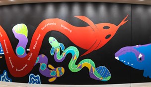 Section from the wall of the Birrarung Gallery featuring a 28 metre mural in honour of Victoria's 44 language groups