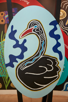Black swan figure from the River of Language exhibition in Birrarung Gallery, Bunjilaka