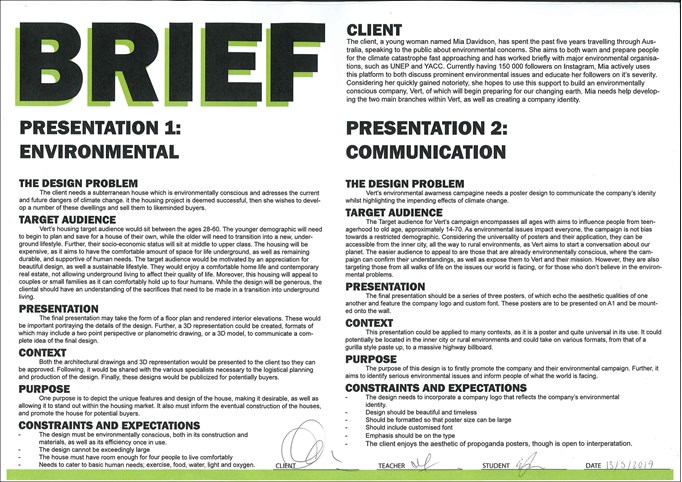 A page from a student design folio that shows a typed design brief for an environmentally conscious house that considers climate change in the design 