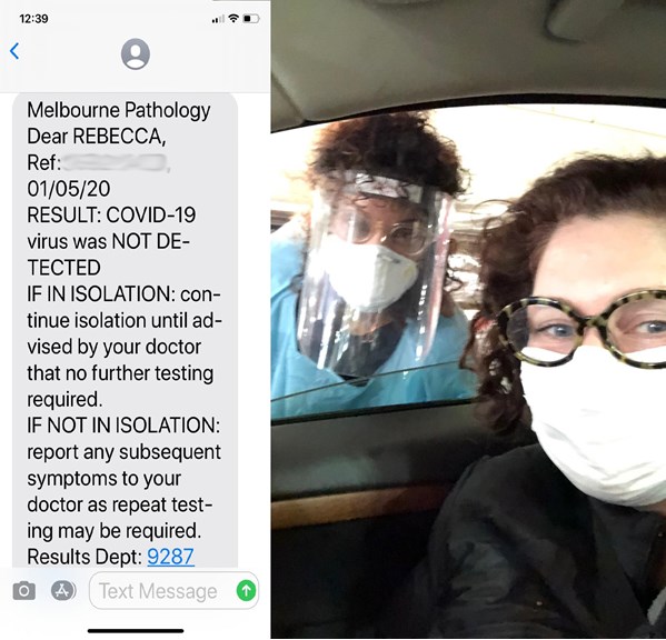 Text message and people in protective face masks