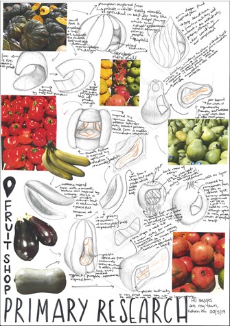  A page from a student design folio that shows photographs of fruit and vegetables and hand drawn inspiration looking at the form of pumpkin, pear, capsicums, eggplant