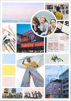 A page from a student design folio that shows a mood board in muted tones with graphic elements that show cityscapes, natural spaces and people with logos and neon signs