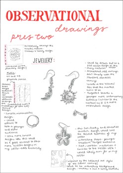 A page from a student design folio that shows observational drawing in graphic pencil of jewelry with hand written annotations
