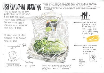 A page from a student design folio that shows an observational drawing in colored pencil of a baby cos lettuce wrapped in plastic bag with hand written annotations from the student about waste and the environment