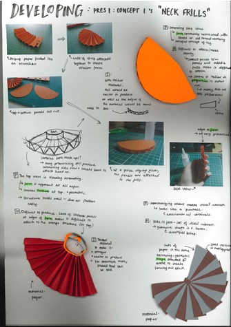 A page from a student design folio that shows the development of orange paper being used to create frills. Small photographs show the development of the materials and the method used to create the paper frill 