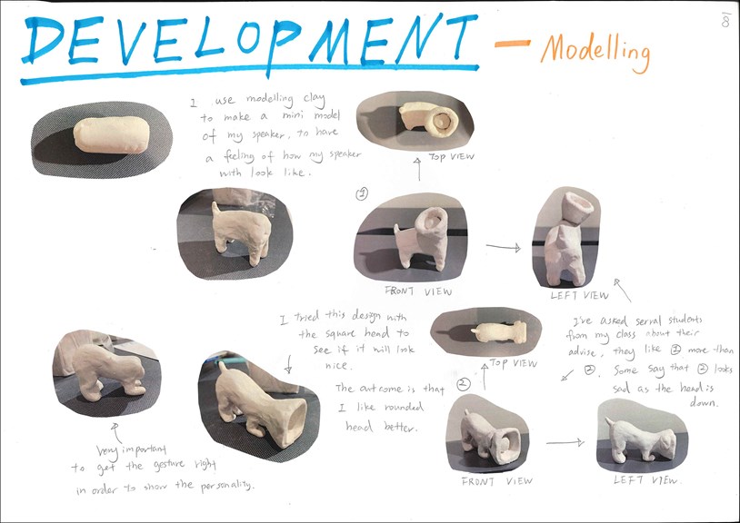 A page from a student design folio that shows  small thumbnail photographs of models of a speaker that is attached to an animal body, this process shows the development of ideas, materials and methods with hand drawn annotations 