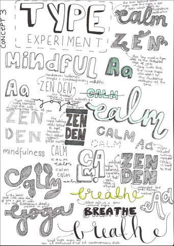 A page from a student design folio that shows type face experimentation with words like Zen den, calm mindful in black with touches of green and yellow 