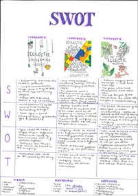 A page from a student design folio that shows three colorful designs for a market poster that has a SWOT underneath with hand written annotations about the strengths and weakness of each possible concept 