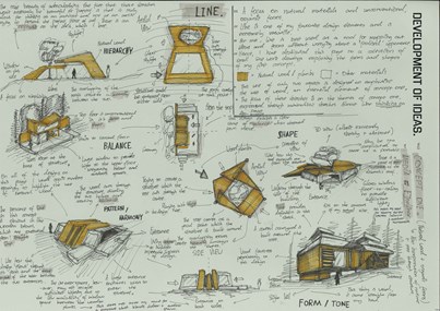 A page from a student design folio that shows different views of a built form in yellows with extensive handwritten annotations  