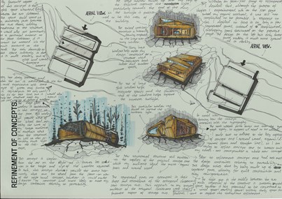 A page from a student design folio that shows different views of a built form in yellows and blue with extensive handwritten annotations  