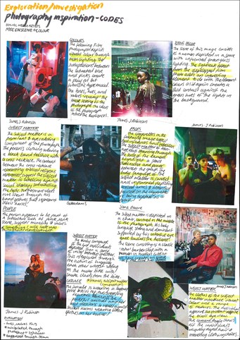 A page from a student design folio that shows trial photography trials, on black paper the colorful photographs of internal and urban environments with young people