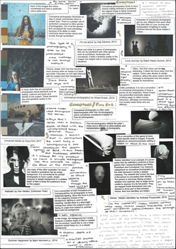 A page from a student design folio that shows various small thumbnails research images of portrait images with hand written and annotations 