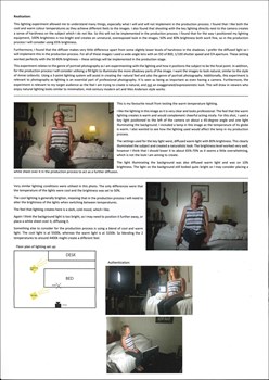 A page from a student design folio that shows the experimentation with lighting with a variety of colors in tiny thumbnails and a table describing the lighting state and a page of larger thumbnails of a women in the foreground sitting in various poses on the end of a bed   