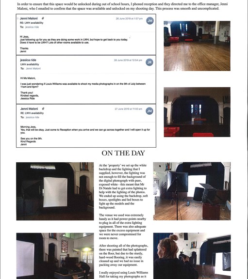 A page from a student design folio that shows the location permissions for a photography shoot, including candid photography images of the location, prior to and during the shoot