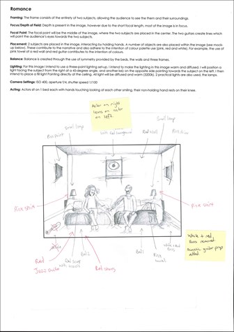 A page from a student design folio that shows typed text on the pre-production planning and a hand drawn mock up in graphic pencil with annotations
