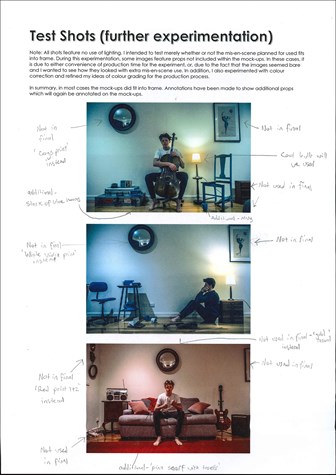 A page from a student design folio that shows the test shots of interior locations with various poses and lighting with hand written annotations   