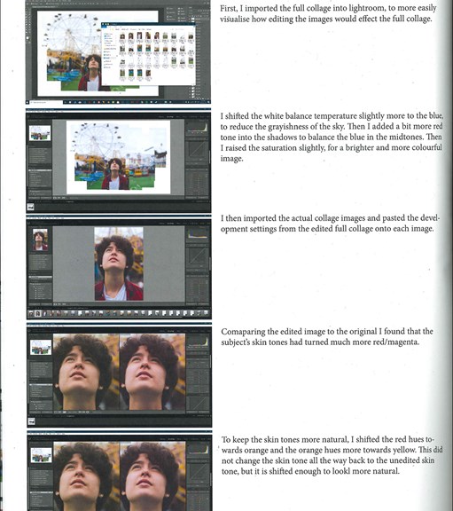 A page from a student design folio that shows five photographs of a young person standing in a park with a ferris wheel in the back ground with hand typed notes on the production management  